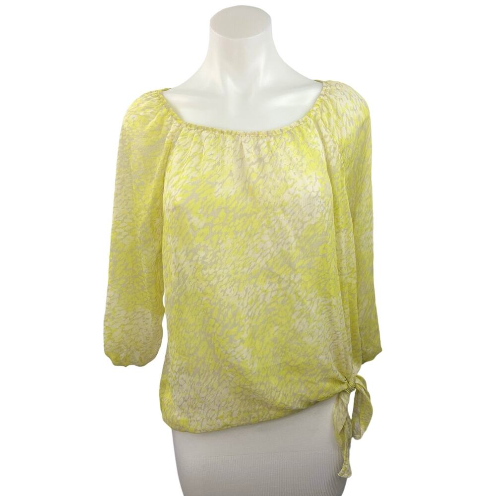 Express Yellow White Animal Print Side Tie 3/4 Sleeve Semi Sheer Blouse Top Sz M